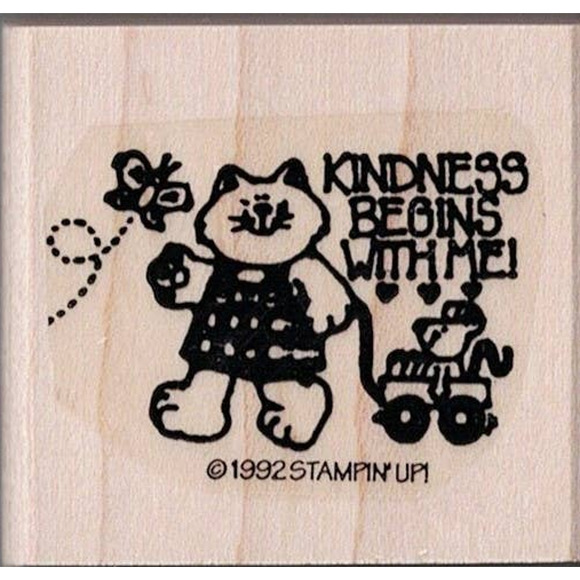 1992 Stampin' Up! KINDNESS BEGINGS WITH ME! Waving Kitten Butterfly Rubber Stamp - Picture 1 of 2
